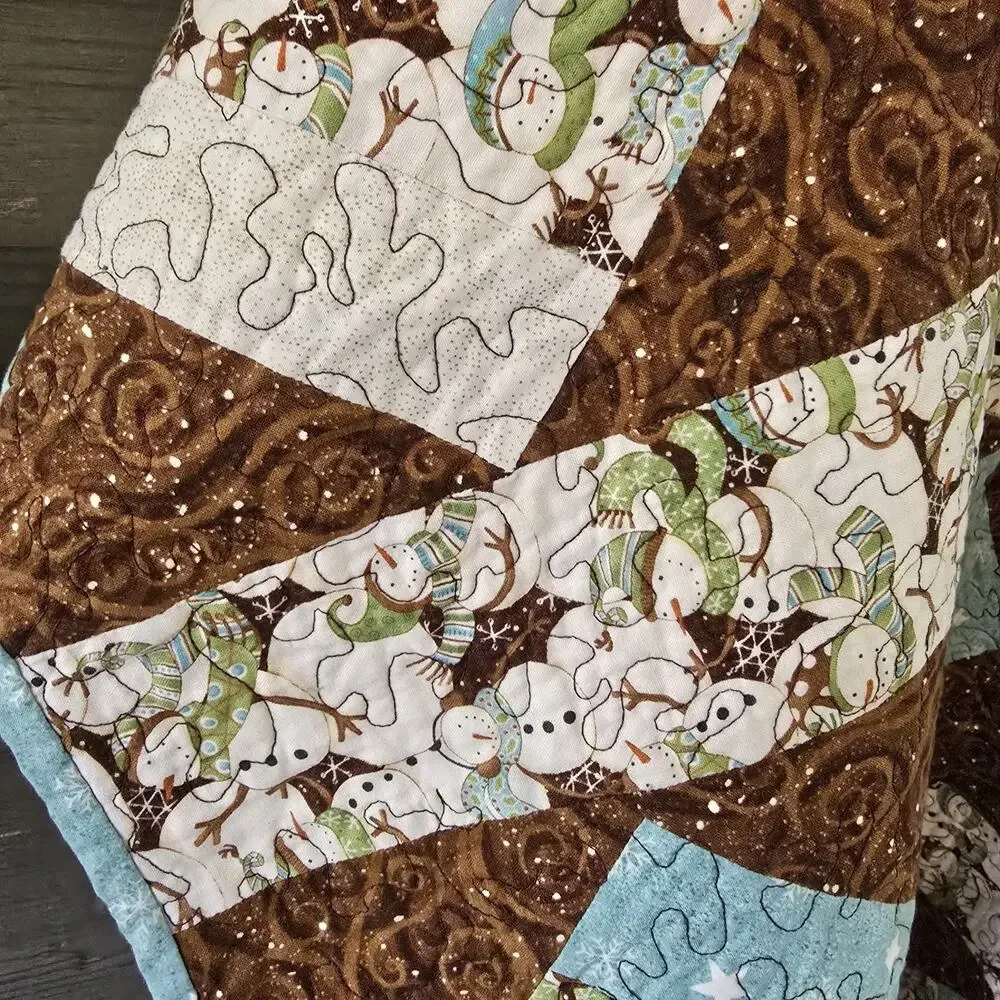 Handmade Snowman Christmas Quilt Throw Blanket Brown Blue 48x42 Lap Quilt Cozy